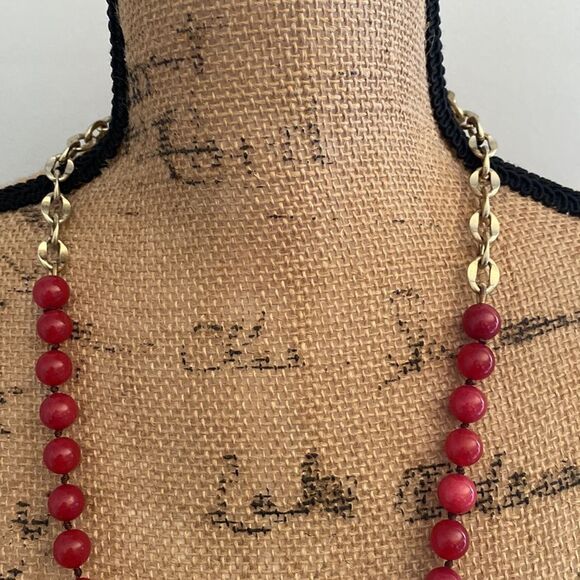 Fossil Red Beaded Necklace with Gold Tone Flower Charm - Picture 2 of 5